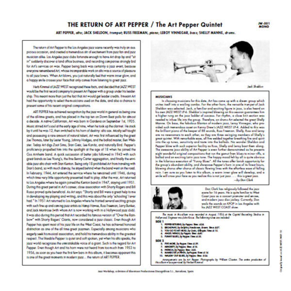 Art Pepper - "The Return Of Art Pepper" (AUDIOPHILE 180 GR. HQ VINYL) - Image 2