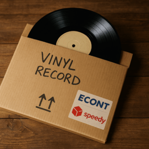 Vinyl record in a shipping box with Econt and Speedy delivery logos